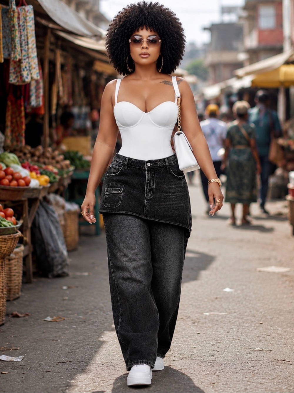 Women’s Black Boyfriend Jeans with Skirt Overlay